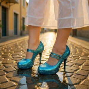 1031 Shoes ✦ Blue Glitter Heels ✦ Size 9 ✦ Party Pumps Double Buckle Closure